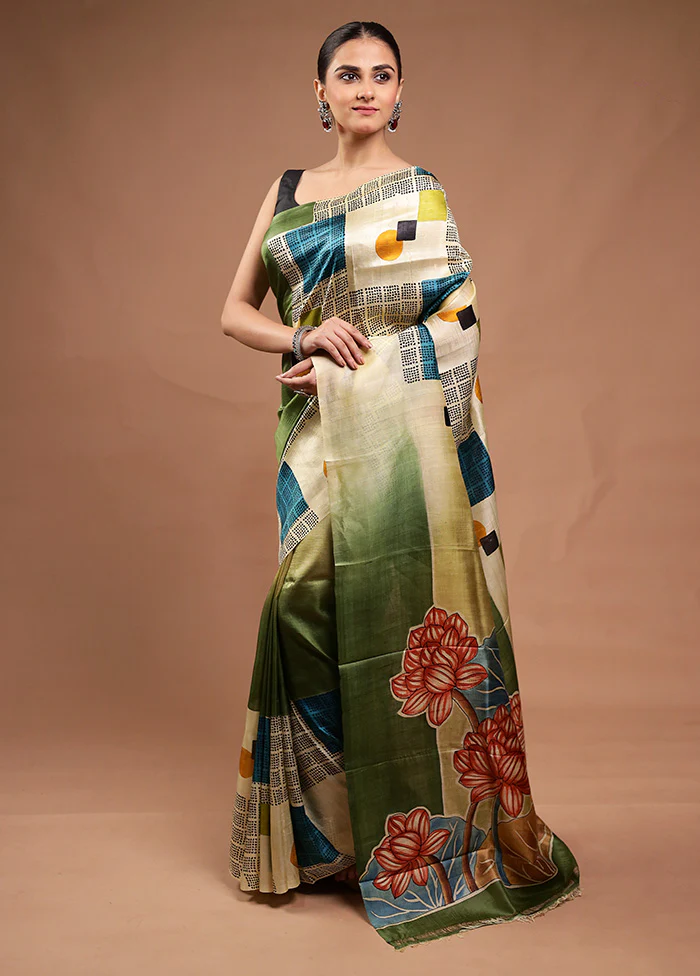 Green Printed Silk Saree Without Blouse Piece - Image 4