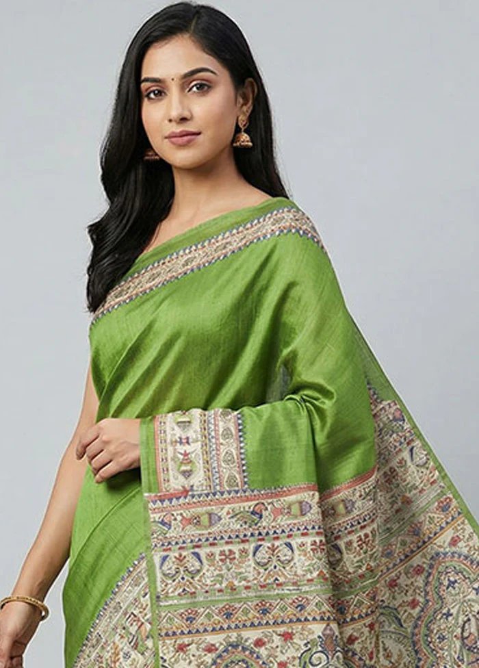 Green Printed Silk Saree Without Blouse Piece - Image 2