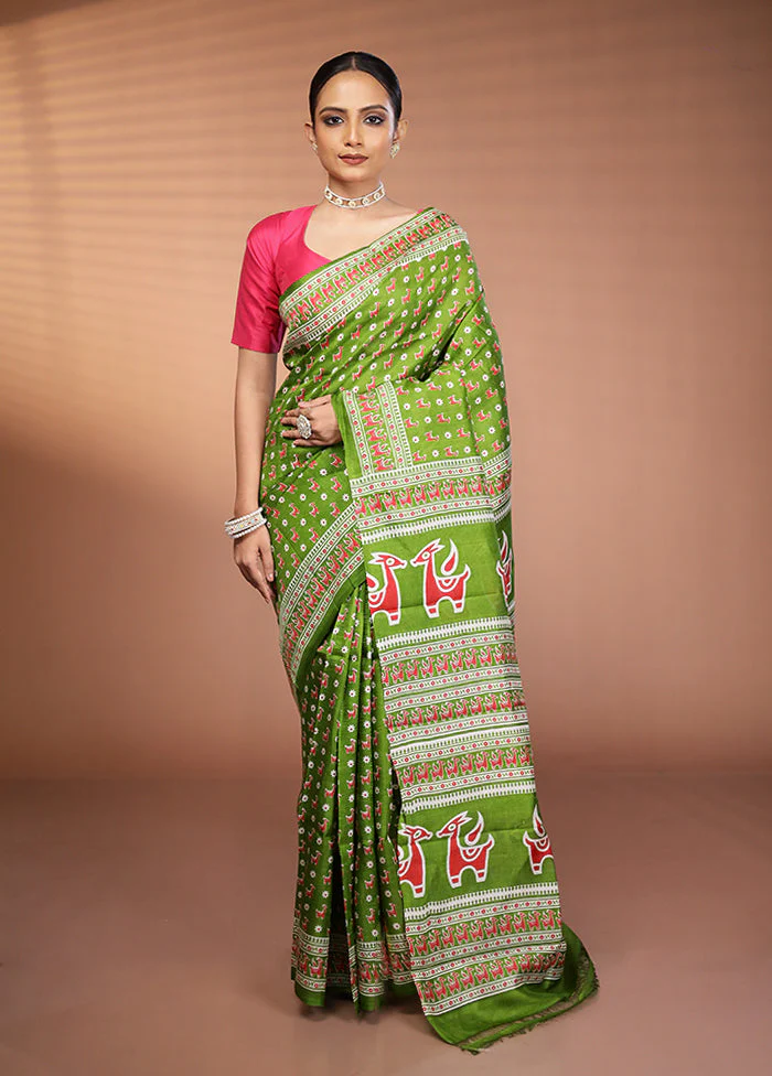 Green Printed Silk Saree Without Blouse Piece - Image 2