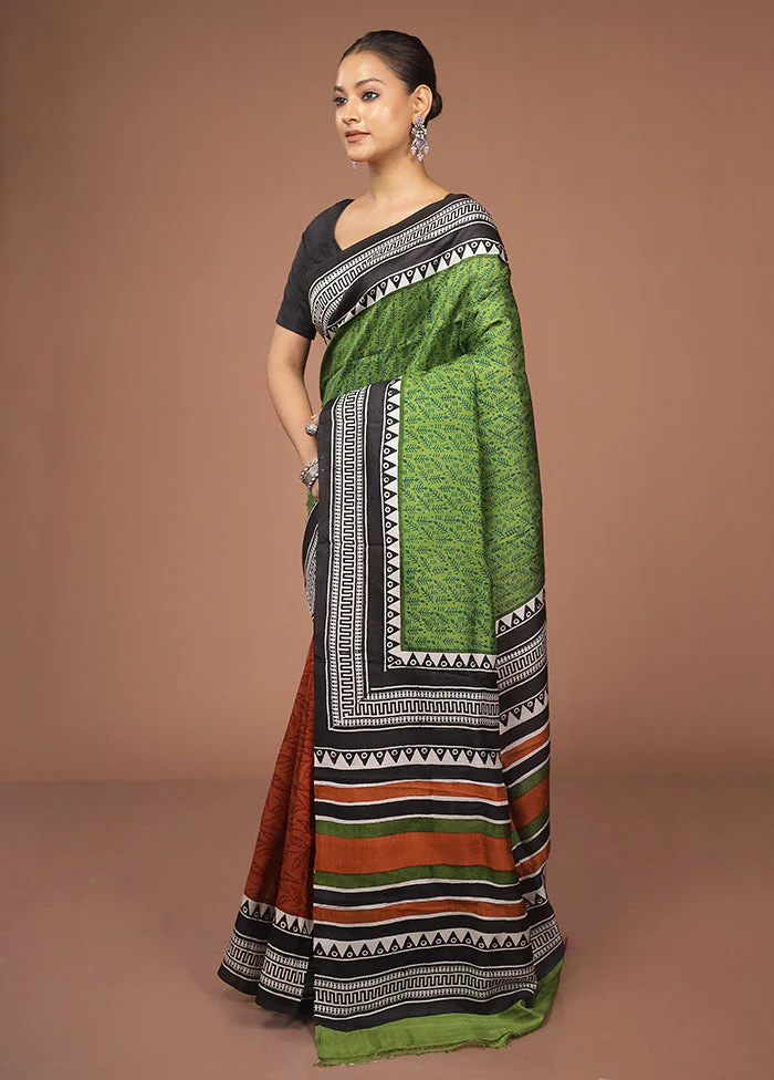 Green Printed Pure Silk Saree Without Blouse Piece - Image 4