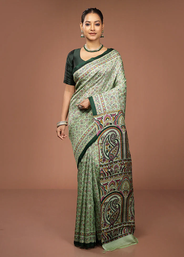 Green Printed Pure Silk Saree Without Blouse Piece - Image 2