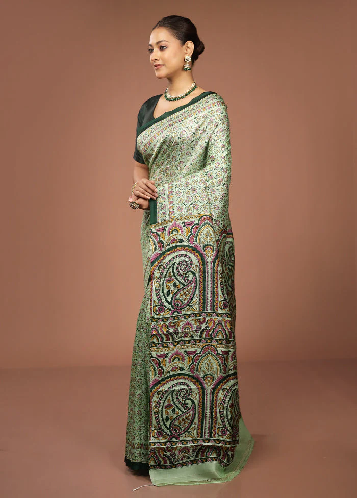 Green Printed Pure Silk Saree Without Blouse Piece - Image 4