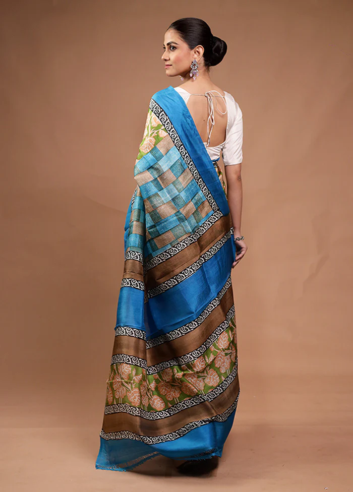 Green Printed Silk Saree Without Blouse Piece - Image 3