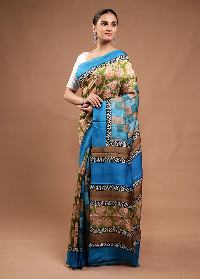 Green Printed Silk Saree Without Blouse Piece - Image 4