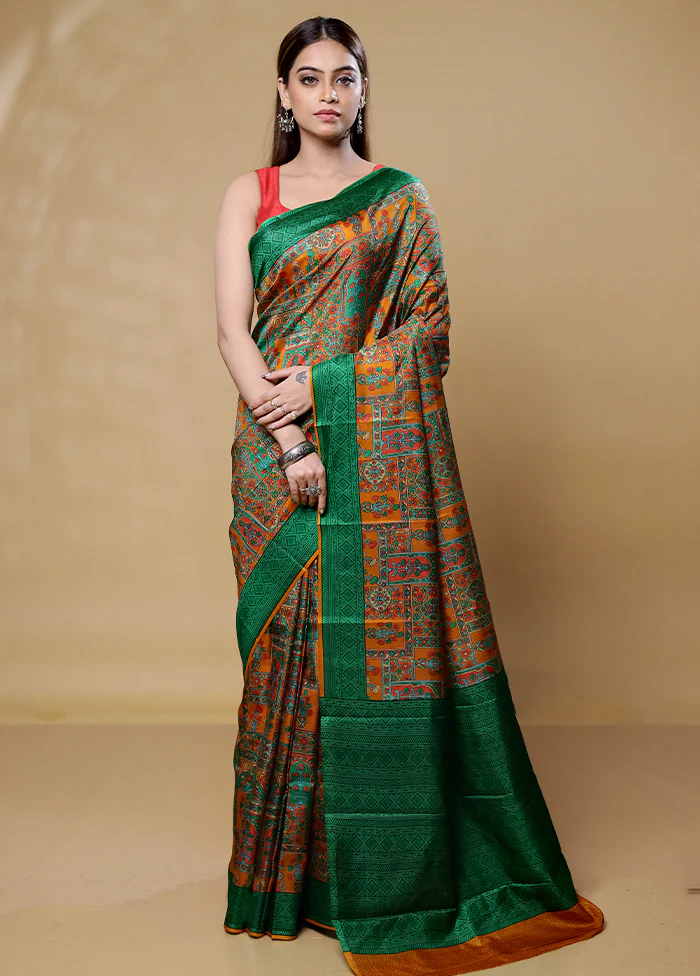 Green Printed Pure Silk Saree Without Blouse Piece - Image 2