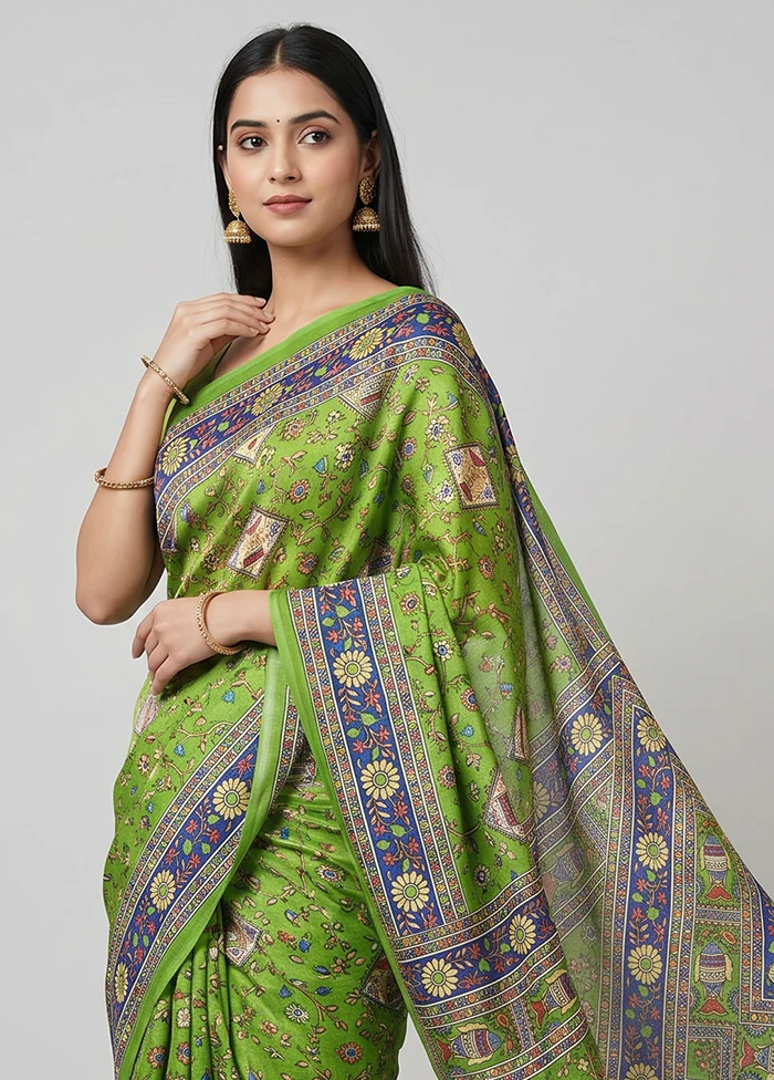 Green Printed Silk Saree Without Blouse Piece - Image 2