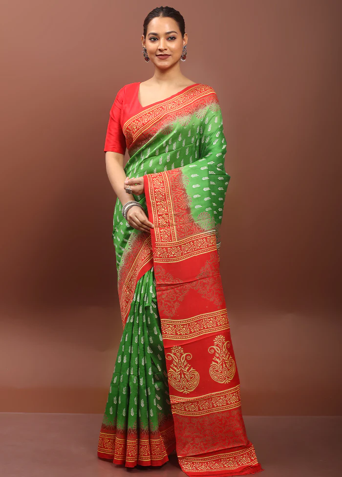 Green Printed Silk Saree Without Blouse Piece