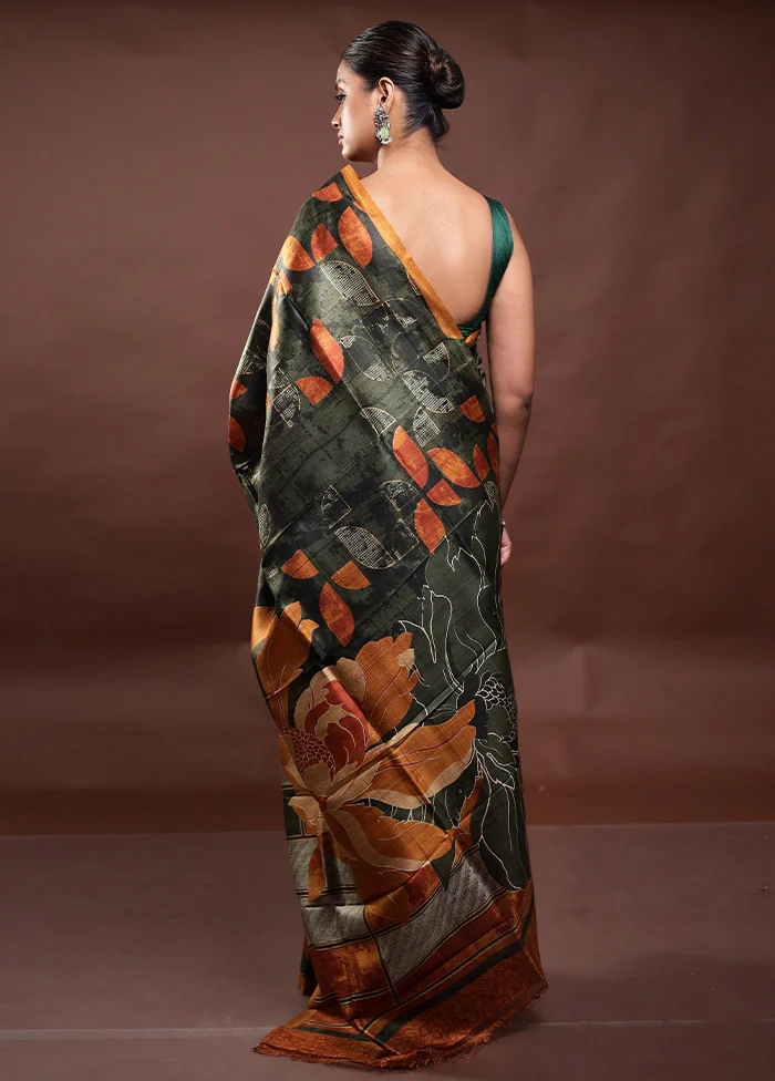 Green Printed Pure Silk Saree Without Blouse Piece - Image 3