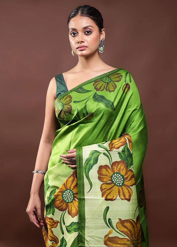 Green Printed Pure Silk Saree Without Blouse Piece - Image 2