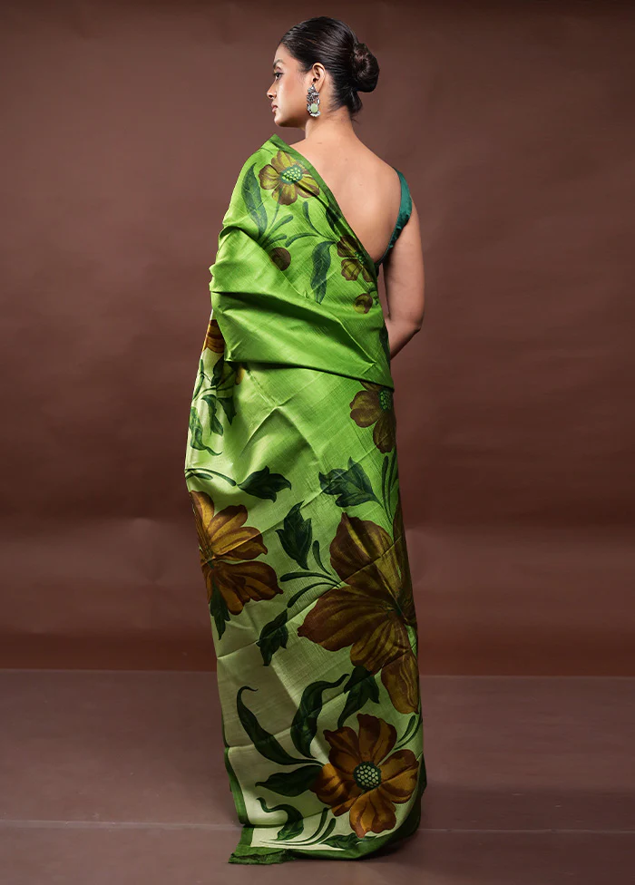 Green Printed Pure Silk Saree Without Blouse Piece - Image 3