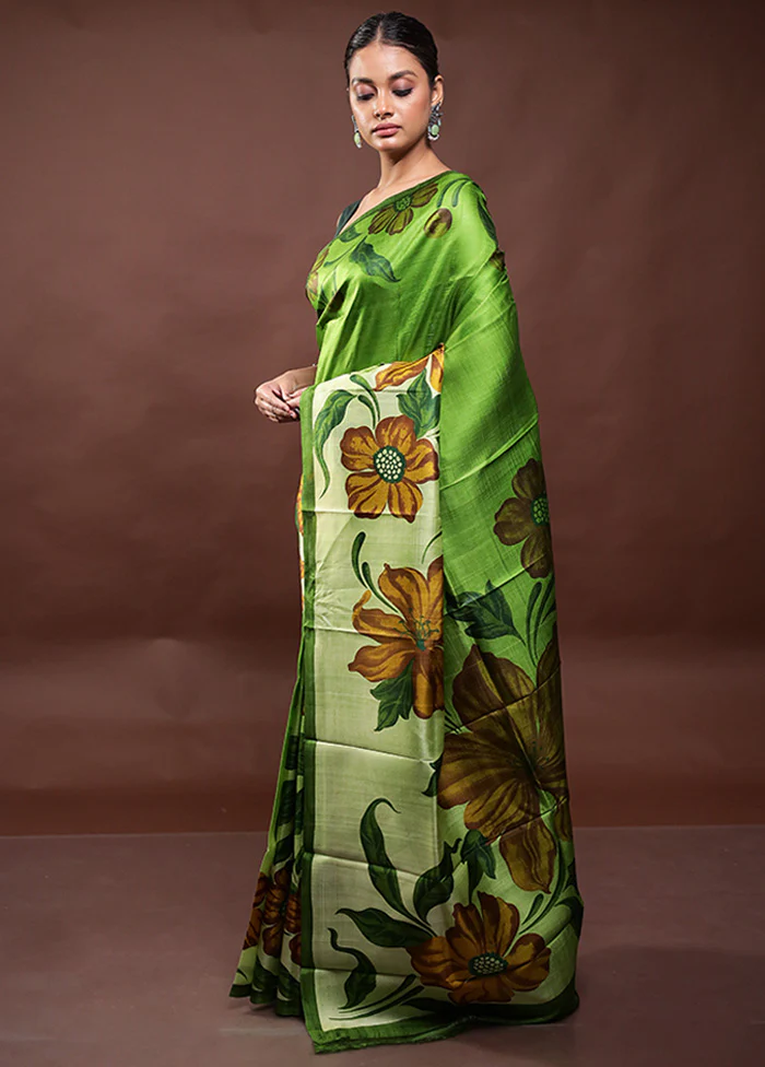 Green Printed Pure Silk Saree Without Blouse Piece - Image 4