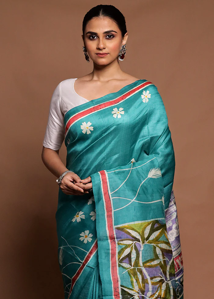 Green Printed Pure Silk Saree Without Blouse Piece - Image 2