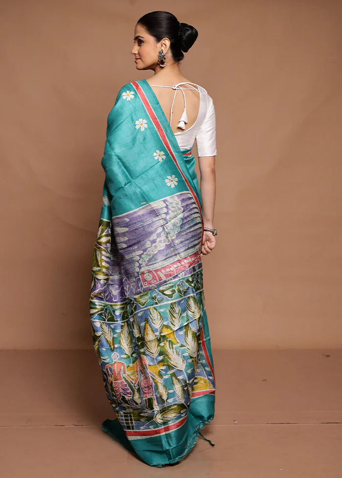 Green Printed Pure Silk Saree Without Blouse Piece - Image 3