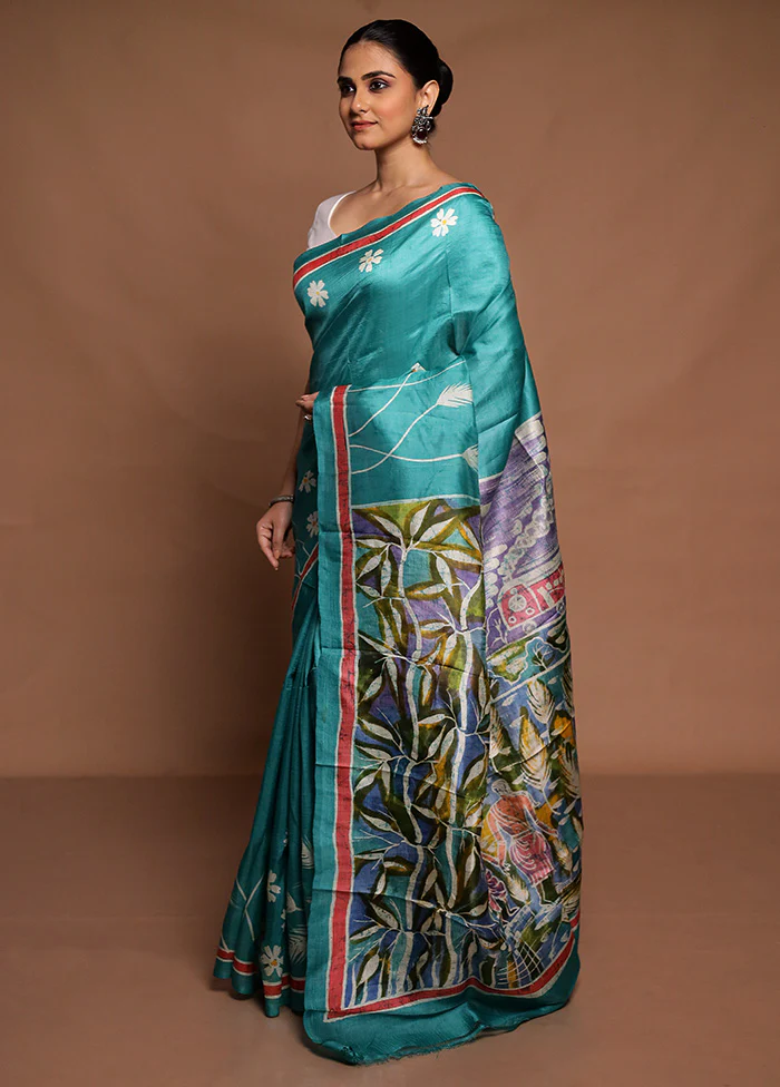 Green Printed Pure Silk Saree Without Blouse Piece - Image 4
