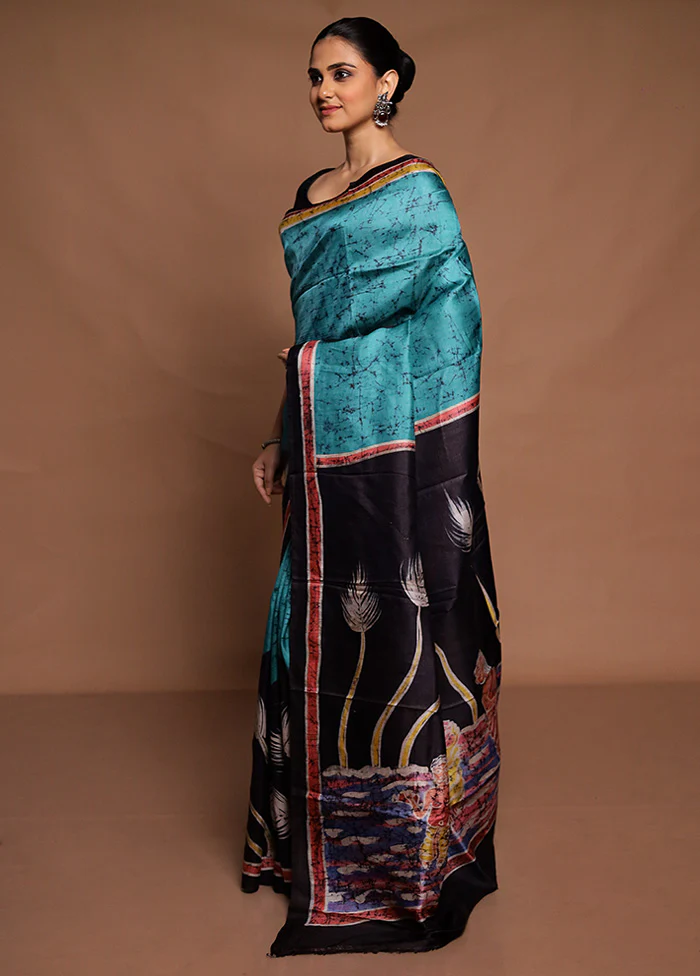 Green Printed Silk Saree Without Blouse Piece - Image 4