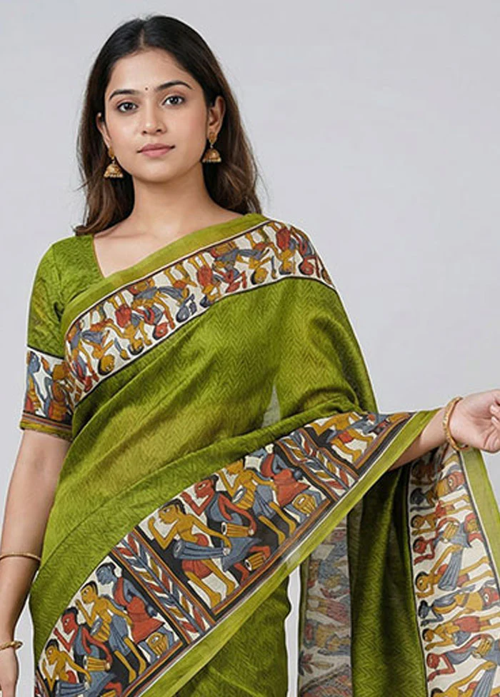 Green Printed Silk Saree Without Blouse Piece - Image 2