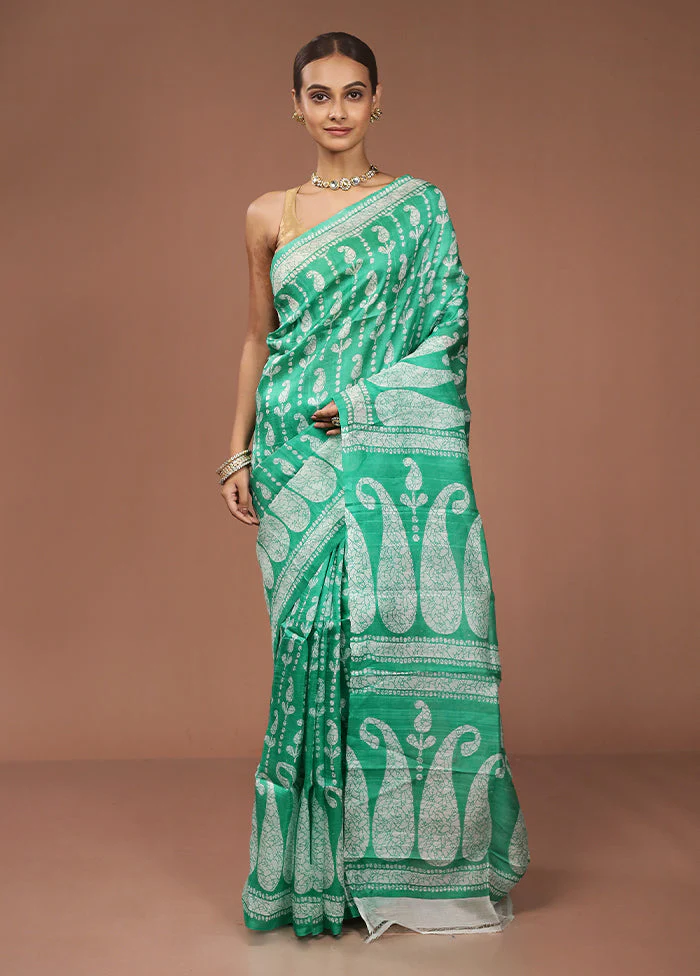 Green Printed Pure Silk Saree Without Blouse Piece - Image 2