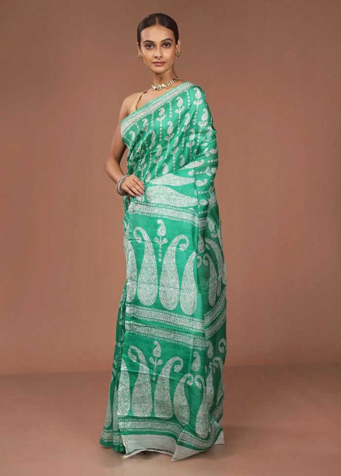 Green Printed Pure Silk Saree Without Blouse Piece - Image 4
