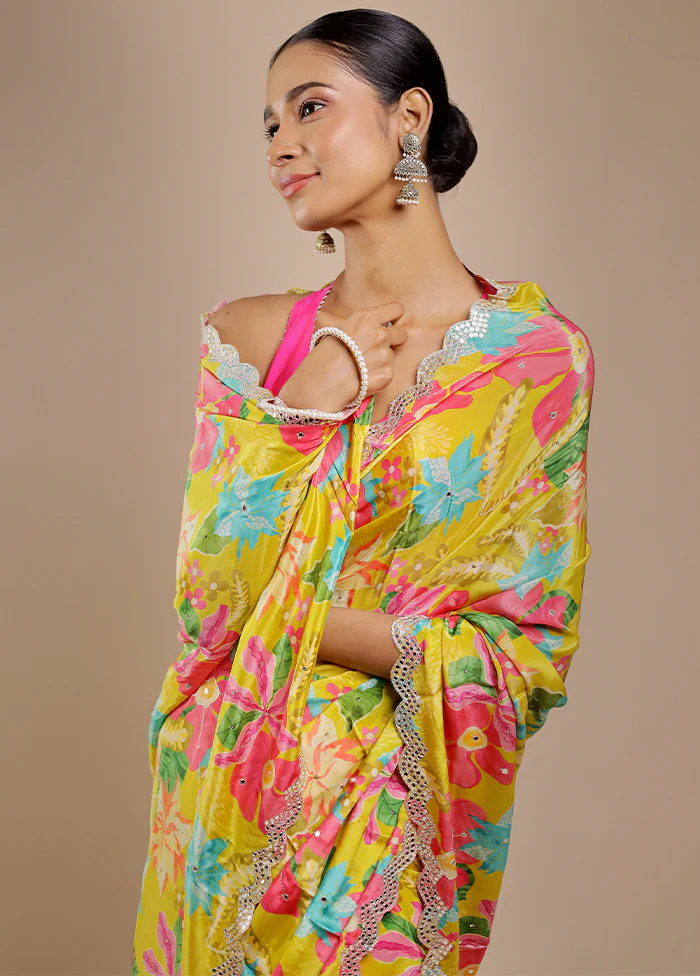 Yellow Printed Pure Silk Saree Without Blouse Piece - Image 2