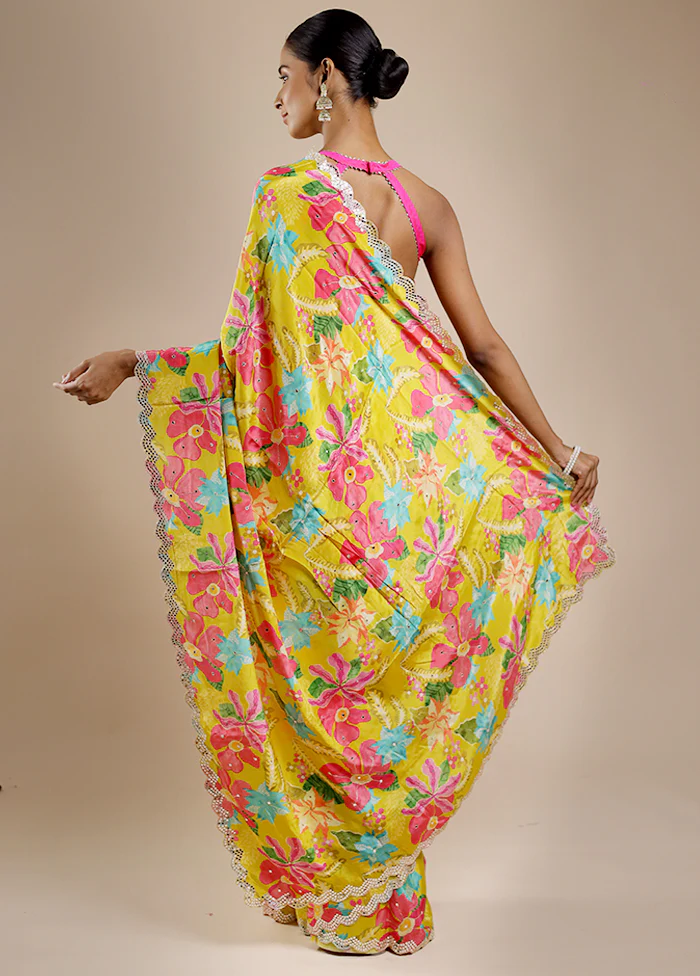Yellow Printed Pure Silk Saree Without Blouse Piece - Image 4