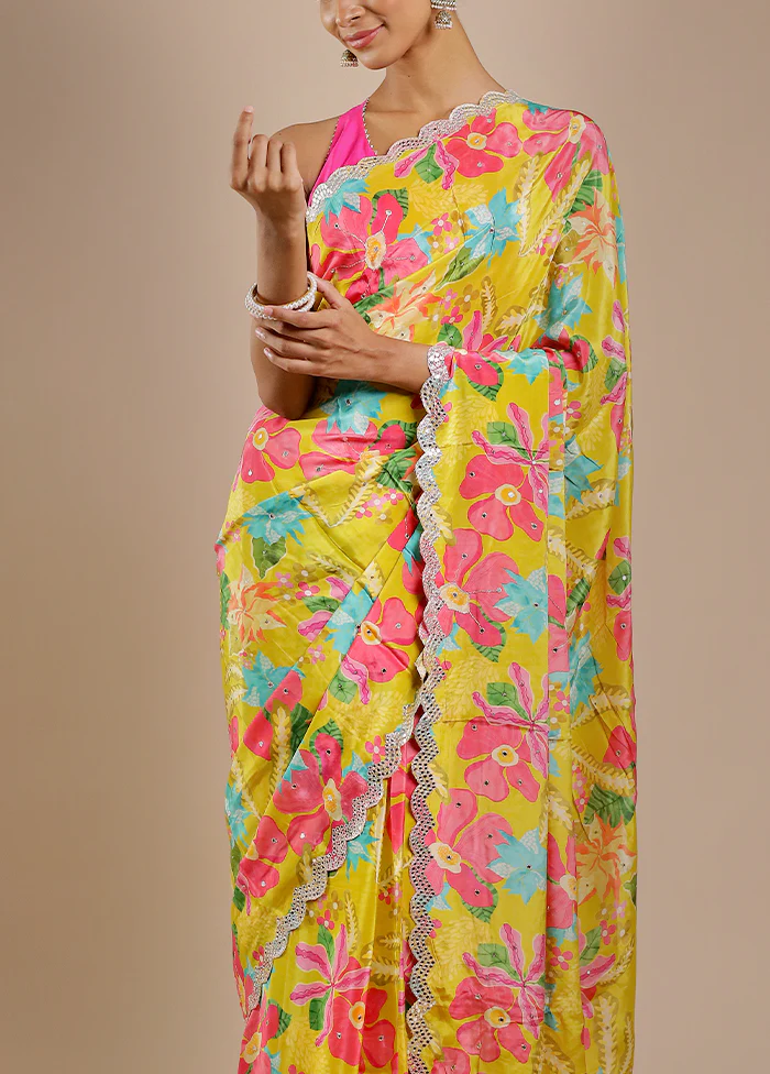 Yellow Printed Pure Silk Saree Without Blouse Piece - Image 5