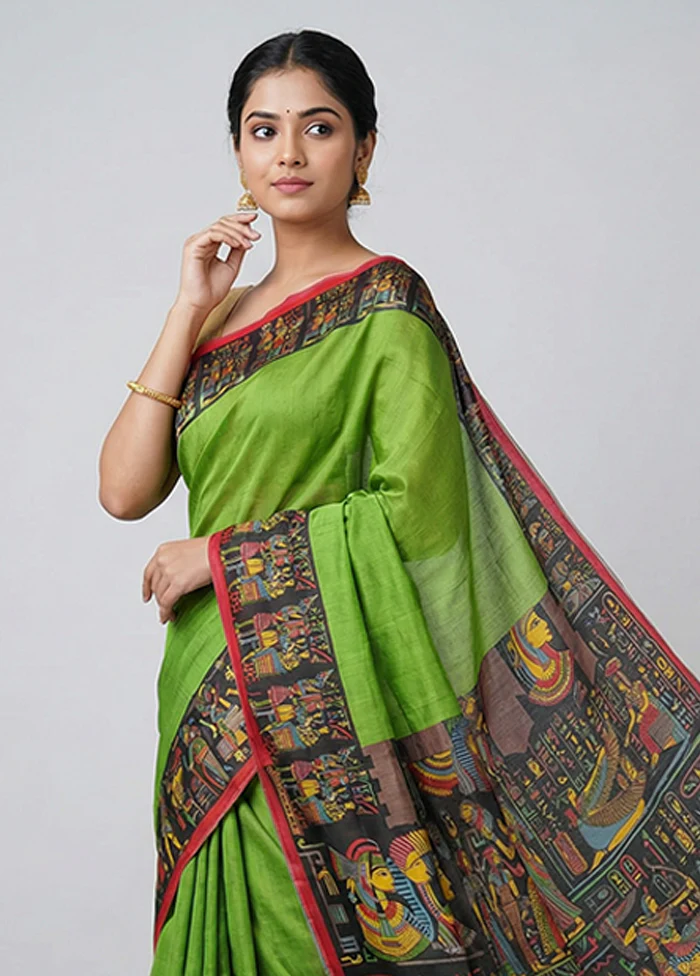Green Printed Silk Saree Without Blouse Piece - Image 2