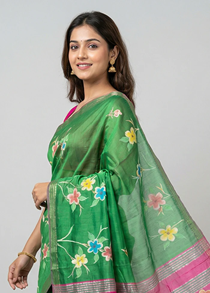 Green Printed Pure Silk Saree Without Blouse Piece - Image 2