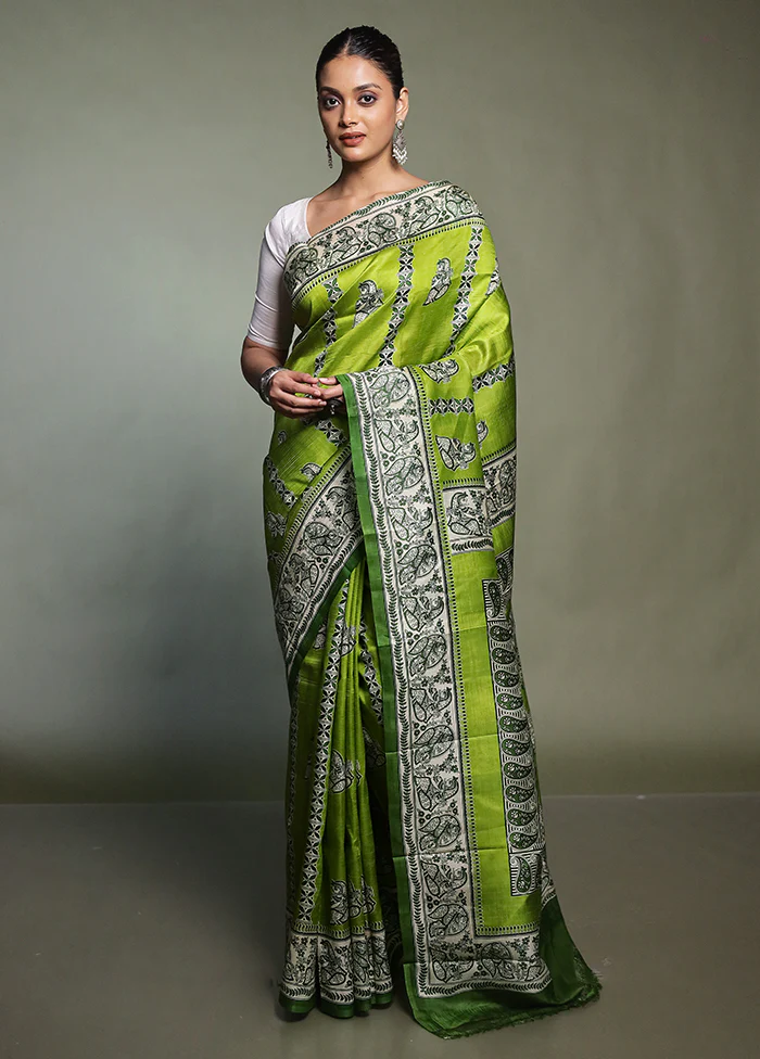Green Printed Pure Silk Saree Without Blouse Piece - Image 2