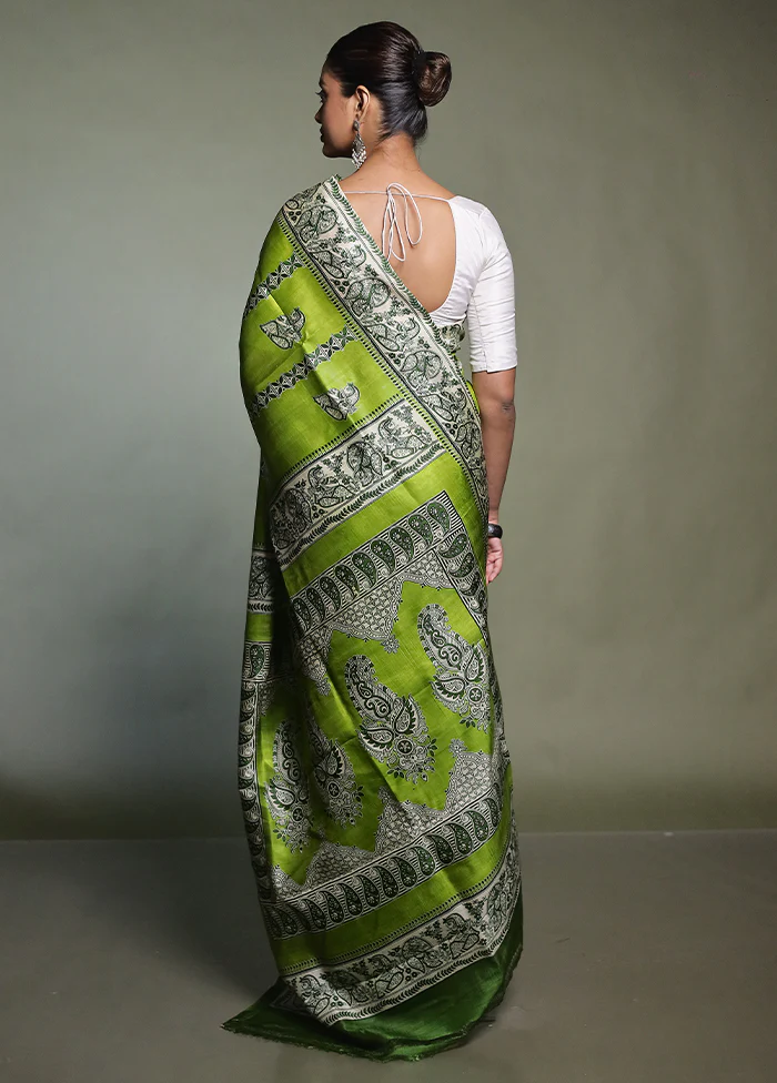 Green Printed Pure Silk Saree Without Blouse Piece - Image 3