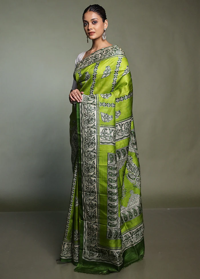 Green Printed Pure Silk Saree Without Blouse Piece - Image 4