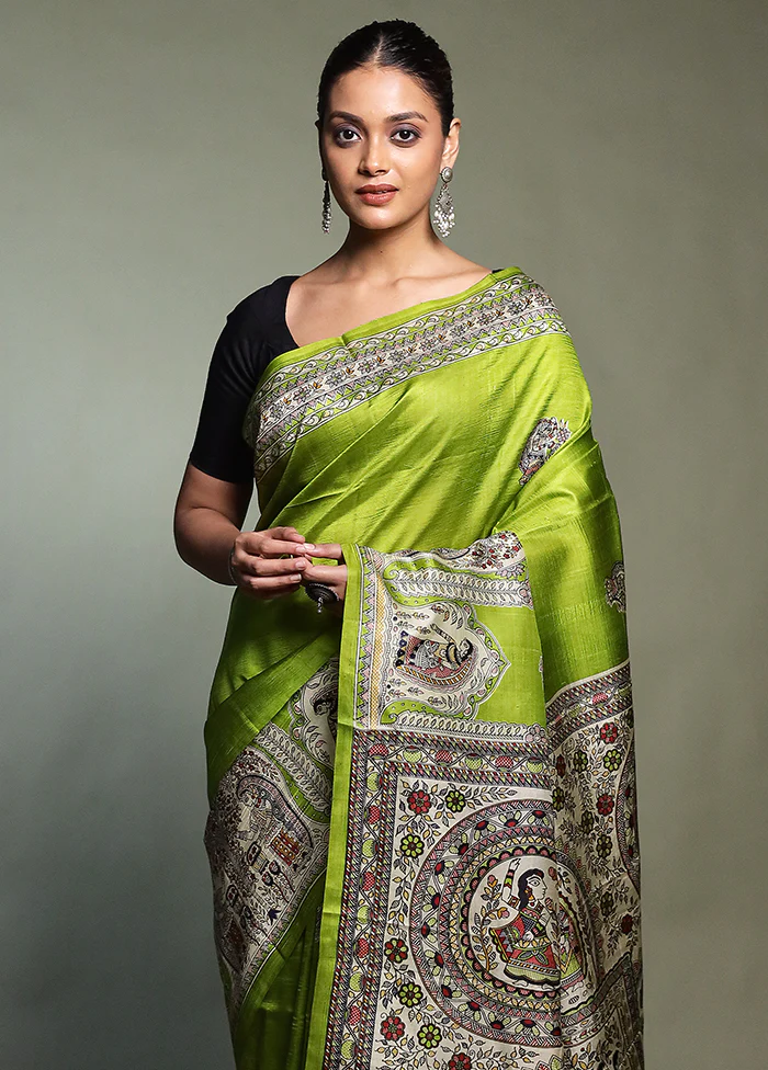 Green Printed Pure Silk Saree Without Blouse Piece