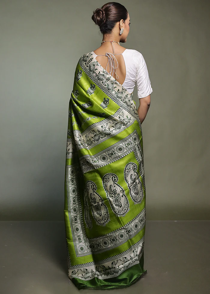Green Printed Pure Silk Saree Without Blouse Piece - Image 3