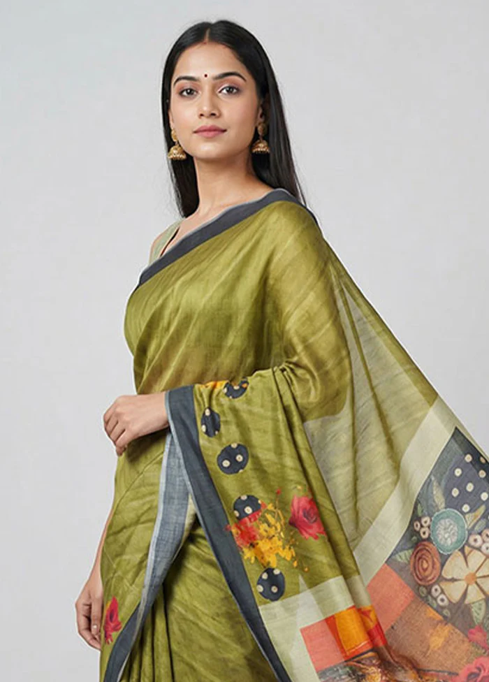 Green Printed Pure Silk Saree Without Blouse Piece - Image 2