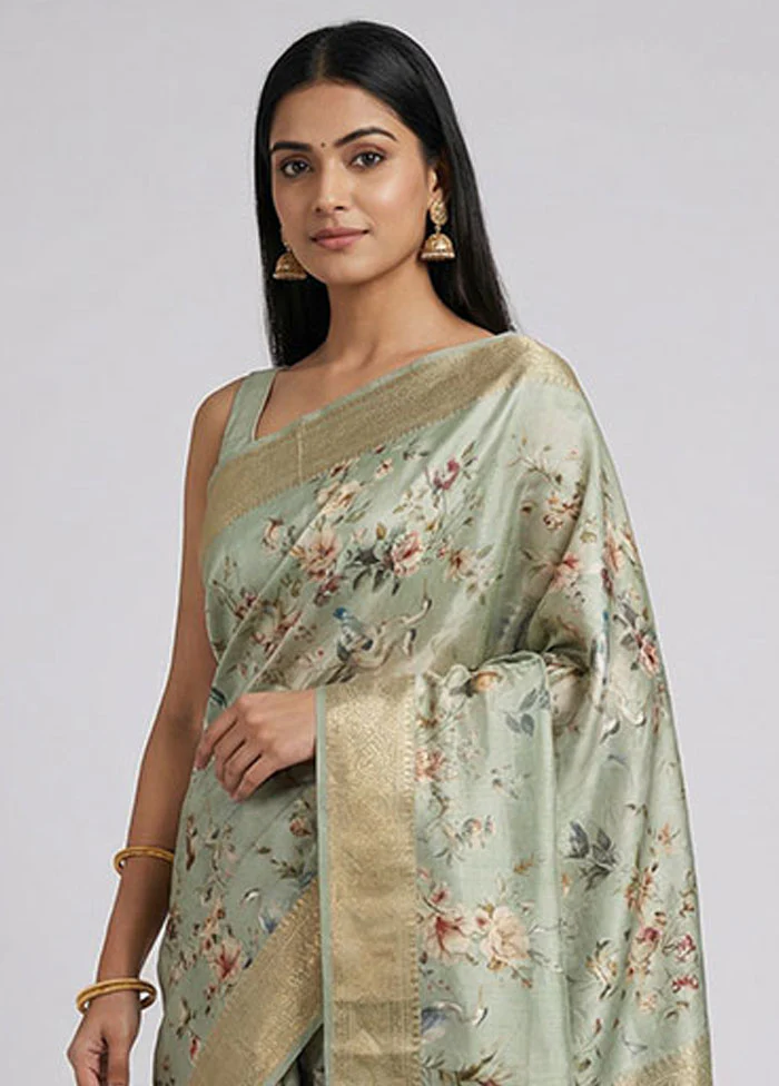 Green Printed Pure Silk Saree Without Blouse Piece - Image 2