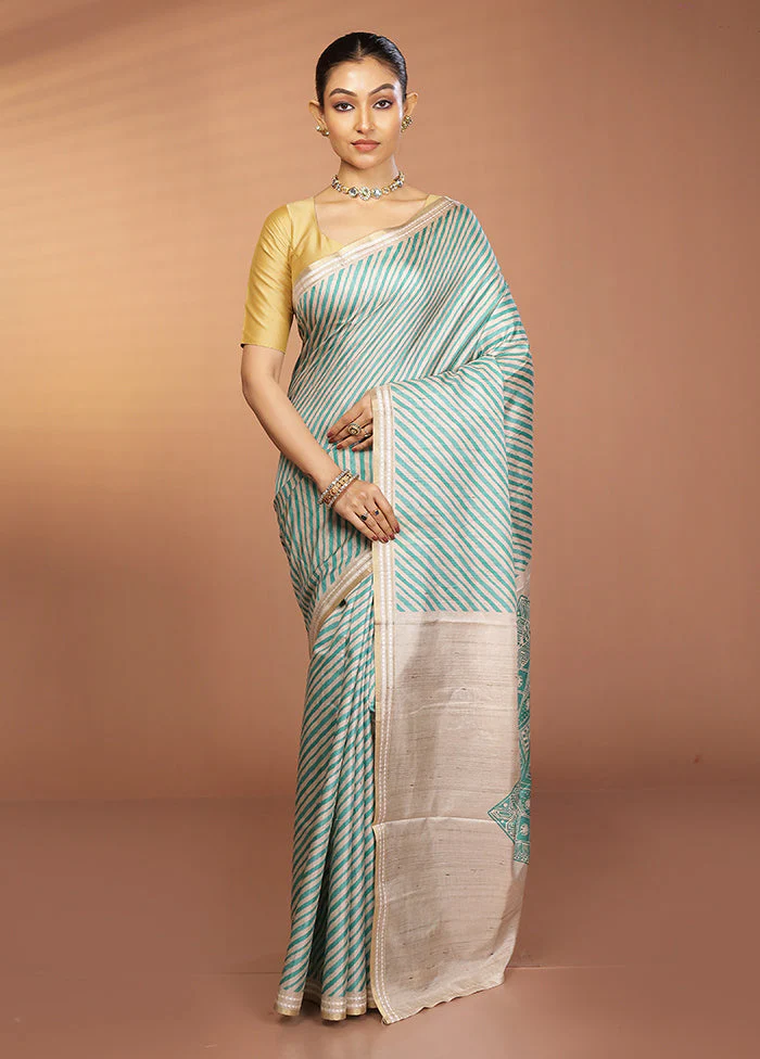 Green Printed Pure Silk Saree Without Blouse Piece - Image 2