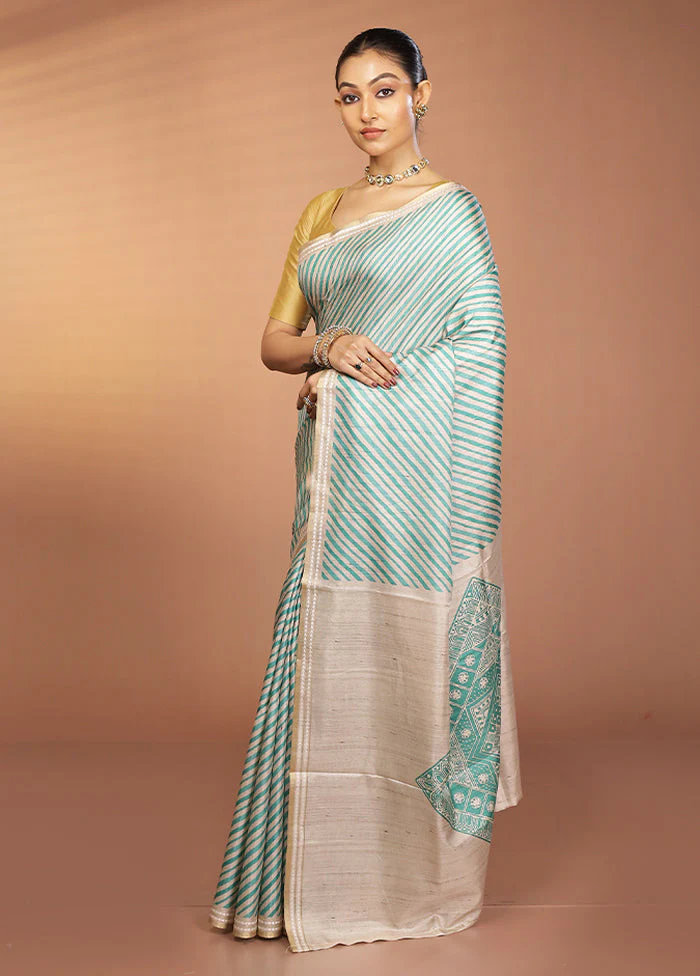 Green Printed Pure Silk Saree Without Blouse Piece - Image 4