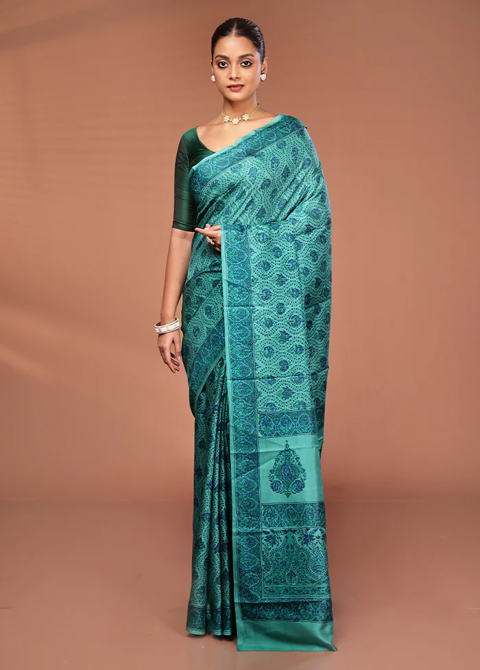 Green Printed Pure Silk Saree Without Blouse Piece - Image 2