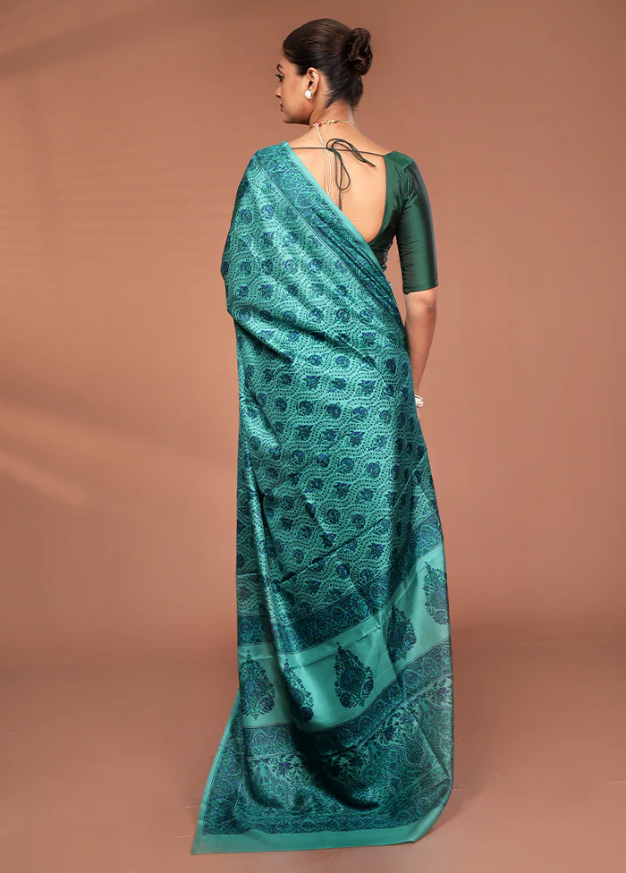 Green Printed Pure Silk Saree Without Blouse Piece - Image 3