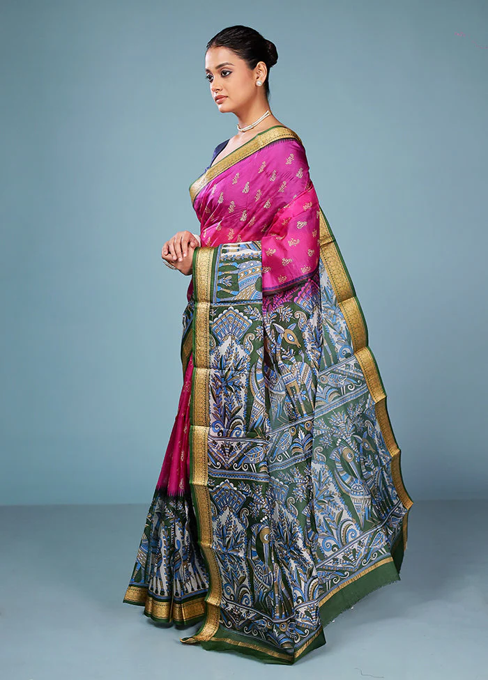 Green Printed Pure Silk Saree Without Blouse Piece - Image 4