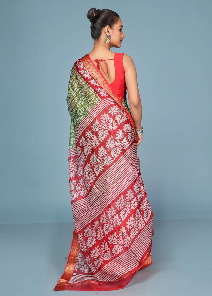 Green Printed Pure Silk Saree Without Blouse Piece - Image 3