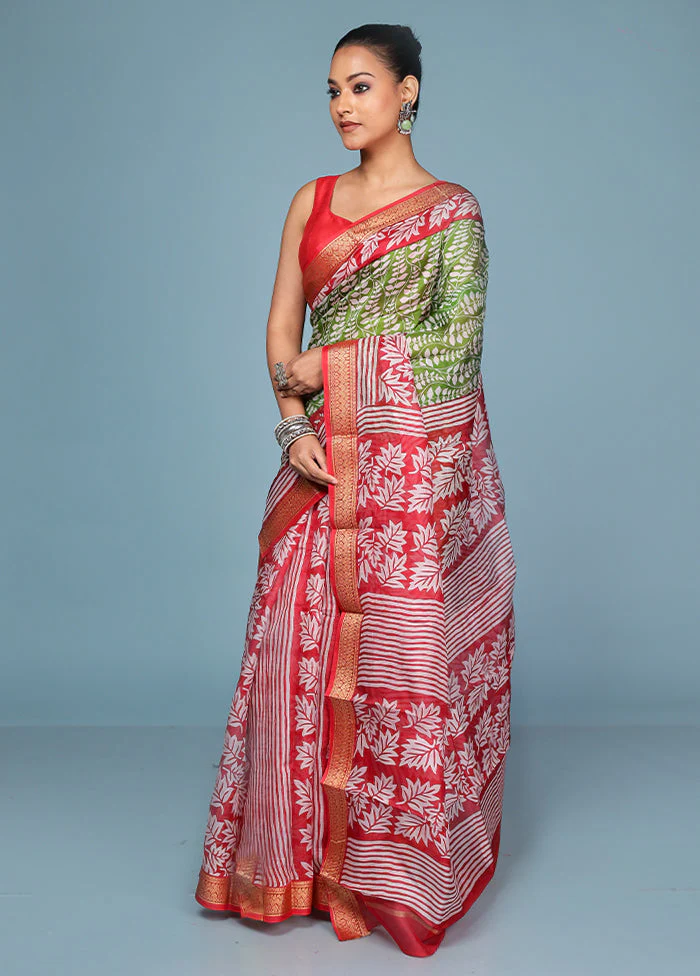 Green Printed Pure Silk Saree Without Blouse Piece - Image 4