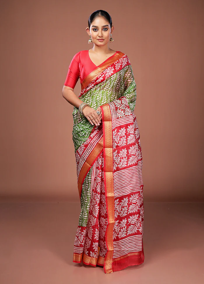 Green Printed Pure Silk Saree Without Blouse Piece - Image 2