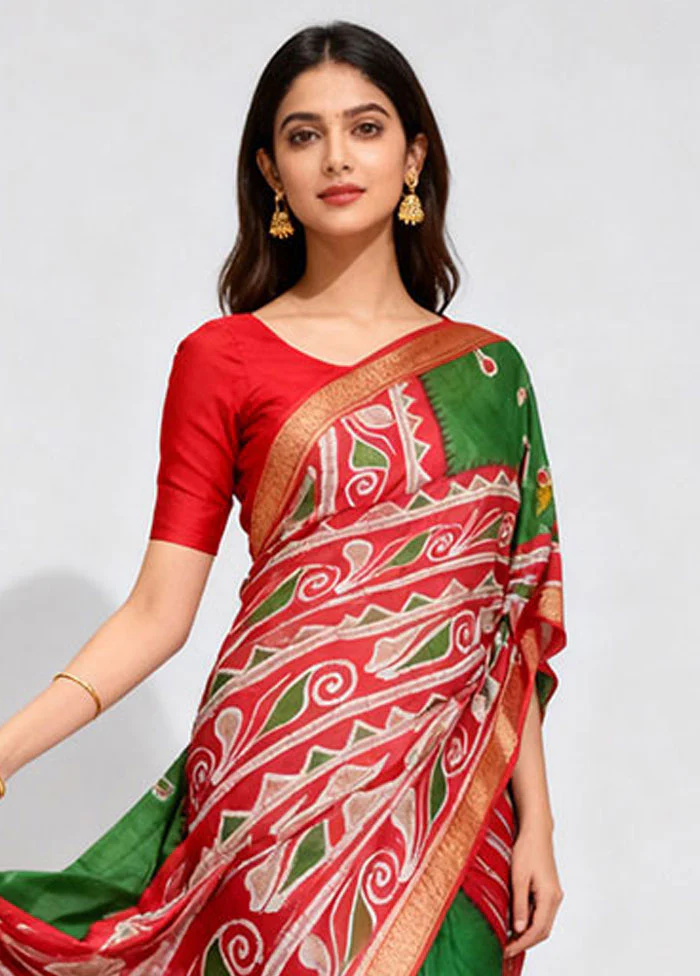Green Printed Silk Saree Without Blouse Piece - Image 2