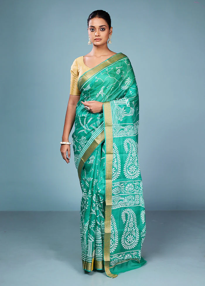 Green Printed Pure Silk Saree Without Blouse Piece - Image 2