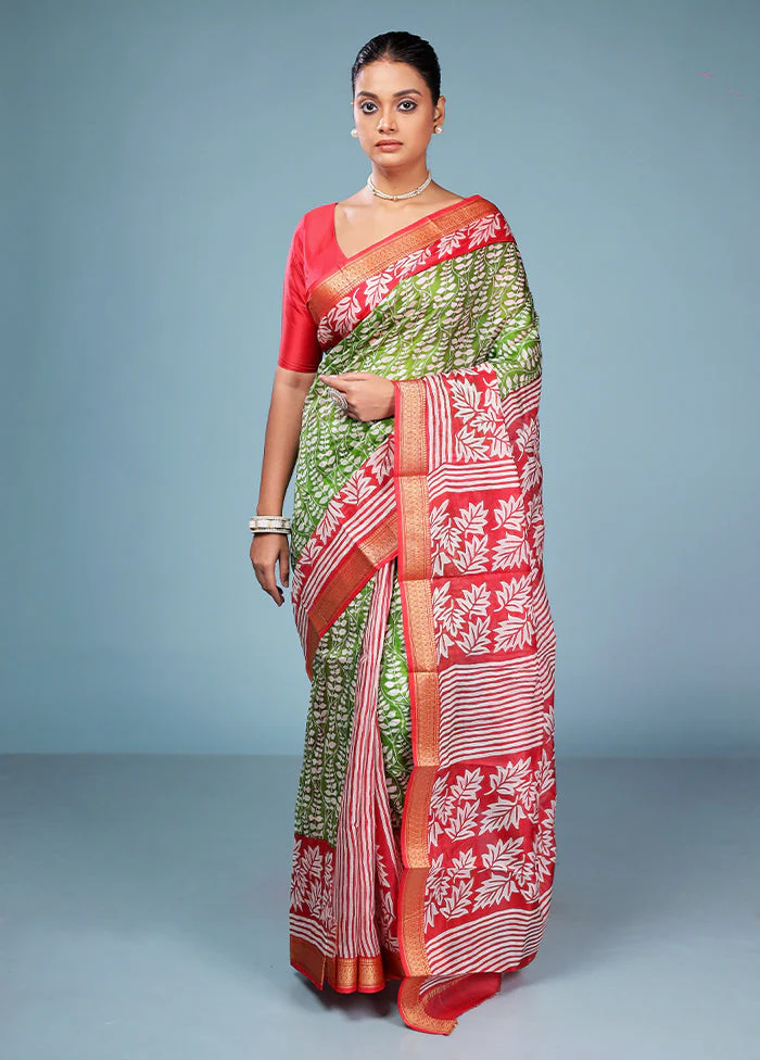 Green Printed Pure Silk Saree Without Blouse Piece - Image 2