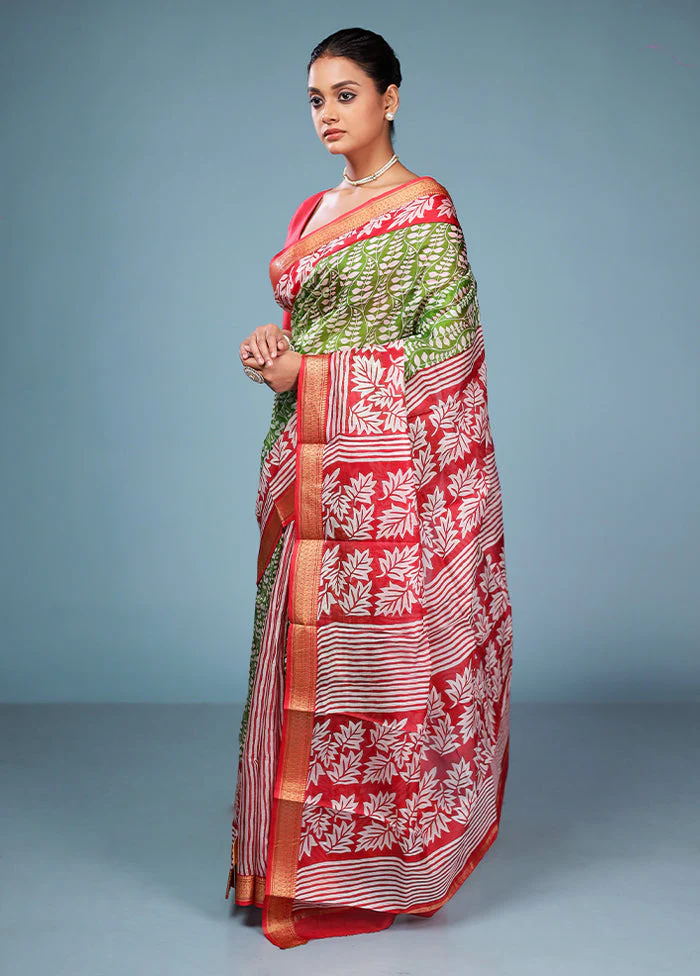 Green Printed Pure Silk Saree Without Blouse Piece - Image 4