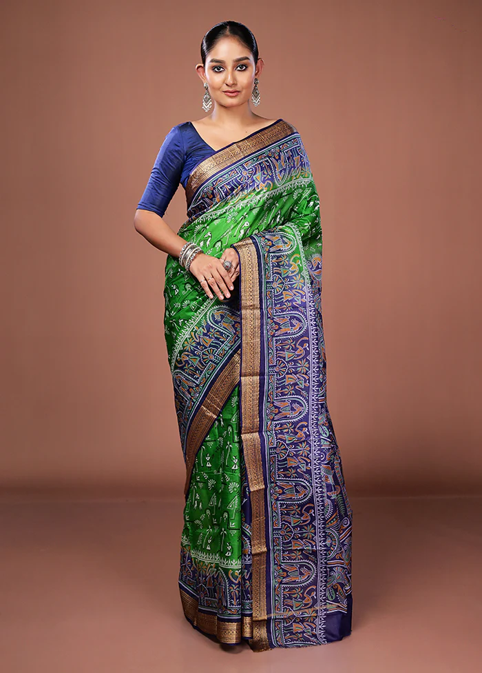 Green Printed Pure Silk Saree Without Blouse Piece - Image 2