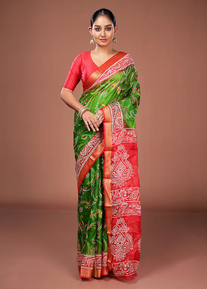 Green Printed Pure Silk Saree Without Blouse Piece - Image 2