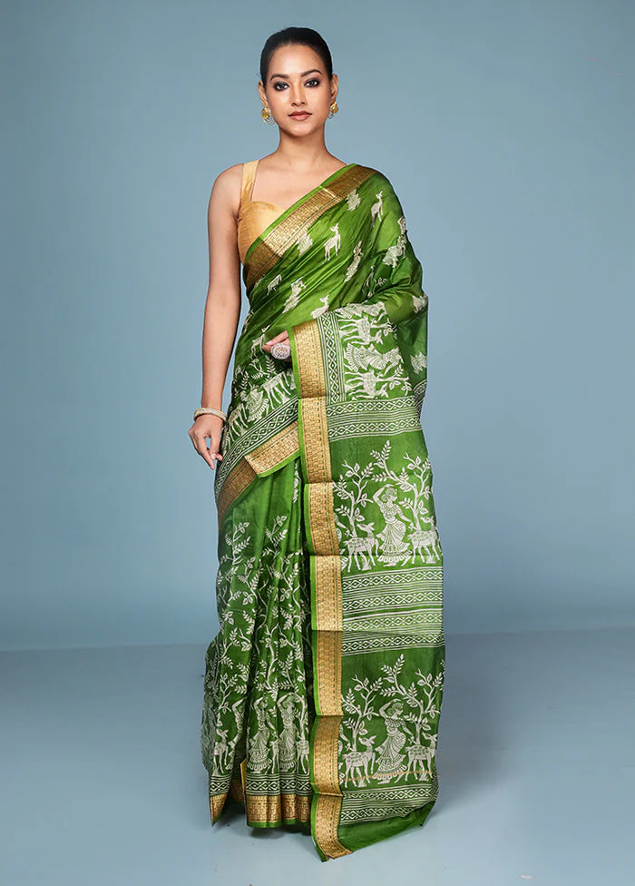 Green Printed Pure Silk Saree Without Blouse Piece - Image 2
