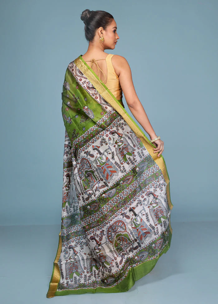 Green Printed Pure Silk Saree Without Blouse Piece - Image 3